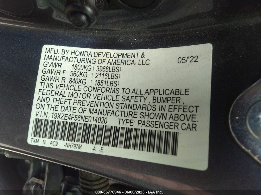 2022 HONDA INSIGHT EX 19XZE4F56NE014020