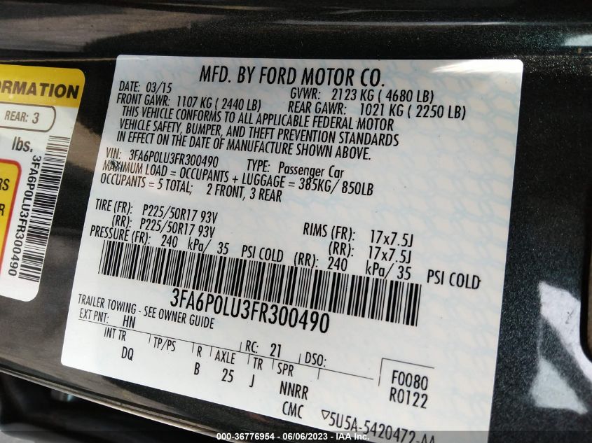 2015 FORD FUSION SE HYBRID - 3FA6P0LU3FR300490