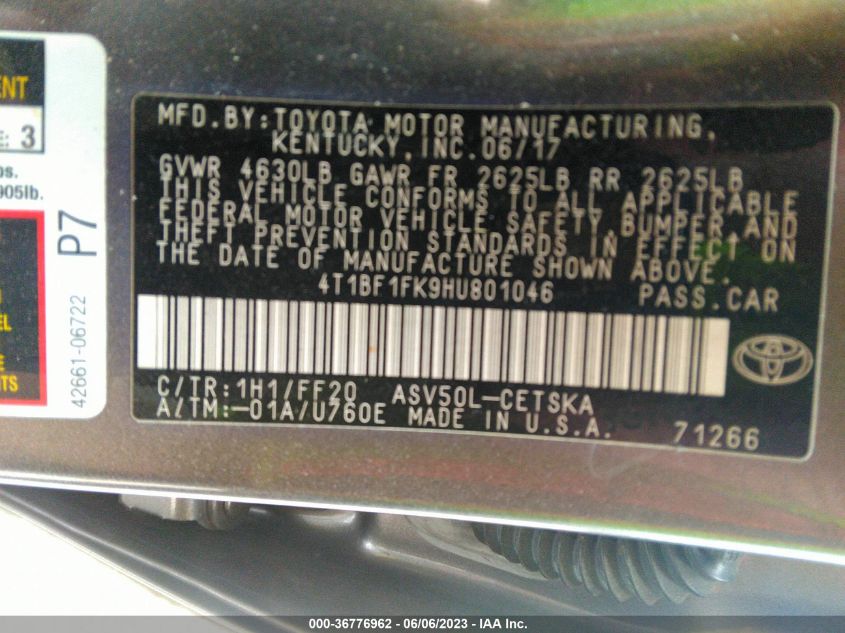 2017 TOYOTA CAMRY XLE/SE/LE/XSE - 4T1BF1FK9HU801046