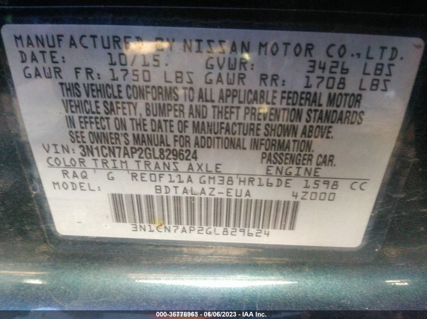 2016 NISSAN VERSA - 3N1CN7AP2GL829624