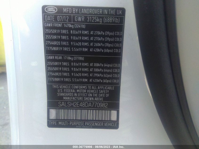 2013 LAND ROVER RANGE ROVER SPORT SC - SALSH2E48DA770982