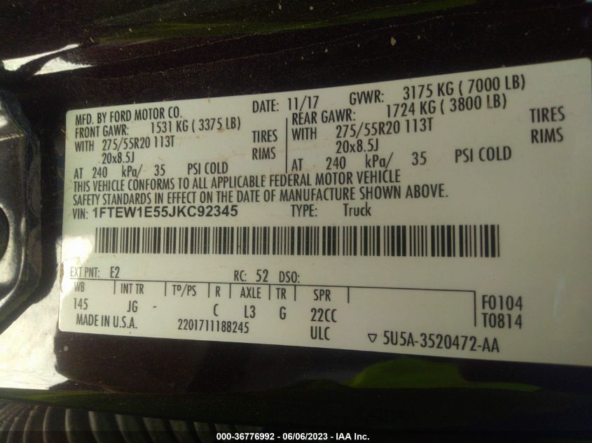 2018 FORD F-150 XL/XLT/LARIAT - 1FTEW1E55JKC92345