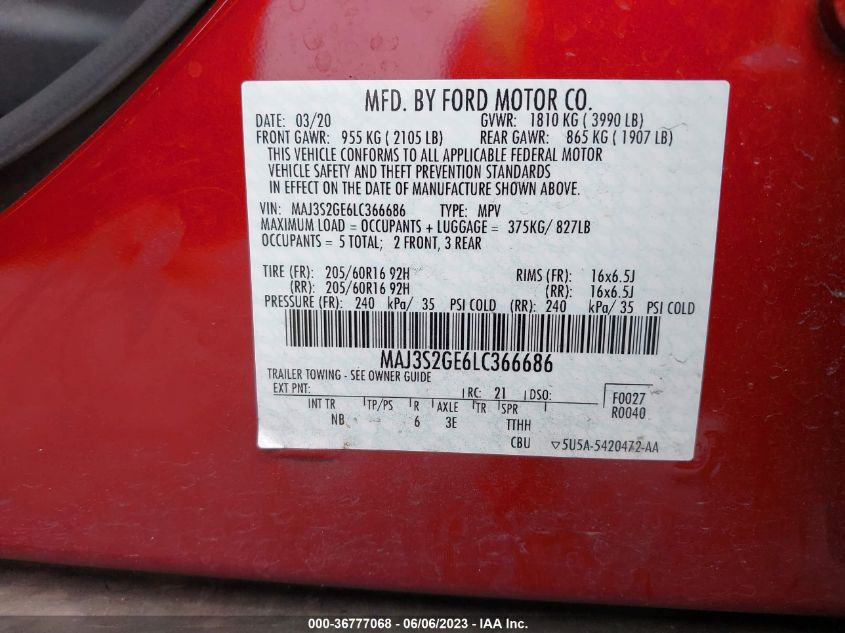 2020 FORD ECOSPORT SE - MAJ3S2GE6LC366686