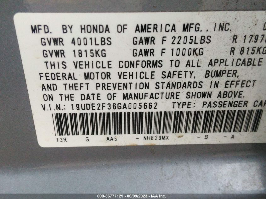 2016 ACURA ILX - 19UDE2F36GA005662