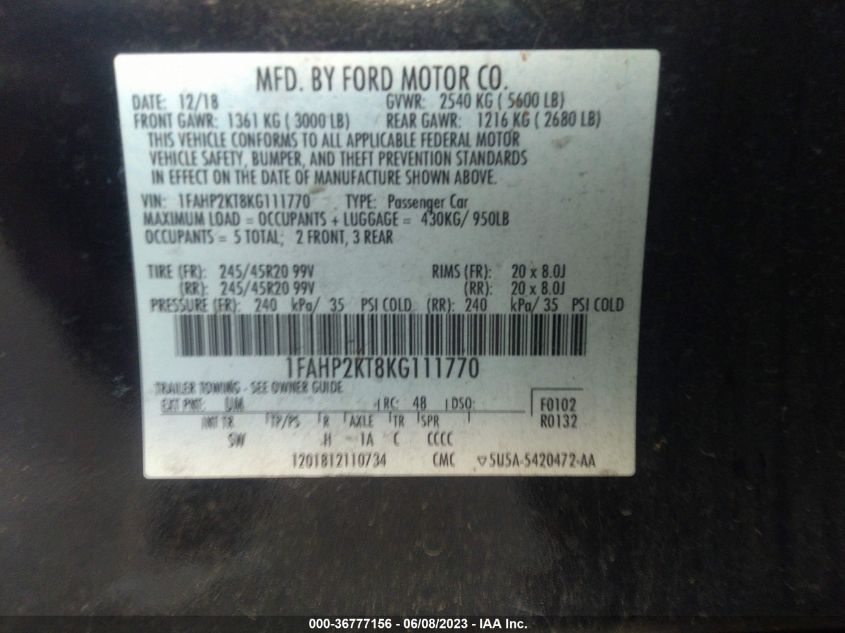 2019 FORD TAURUS SHO - 1FAHP2KT8KG111770
