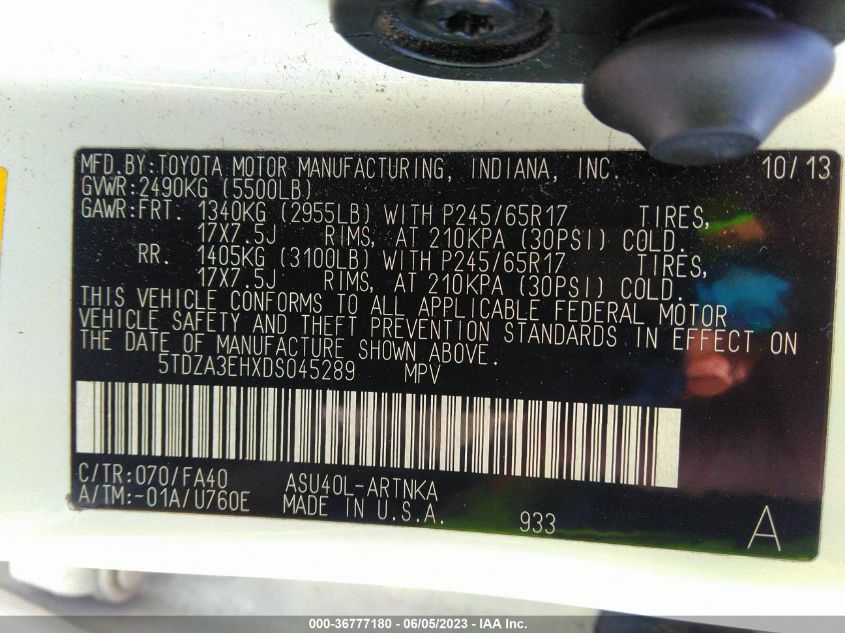 2013 TOYOTA HIGHLANDER - 5TDZA3EHXDS045289