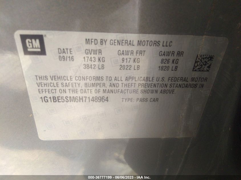 2017 CHEVROLET CRUZE LT - 1G1BE5SM6H7148964