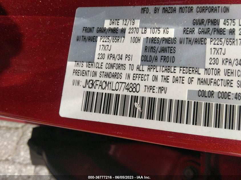 VIN JM3KFACM1L0774880 2020 MAZDA CX-5 TOURING