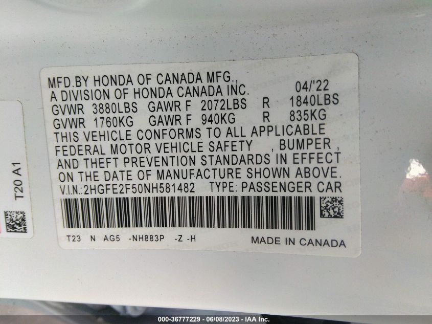 2022 HONDA CIVIC SEDAN SPORT - 2HGFE2F50NH581482