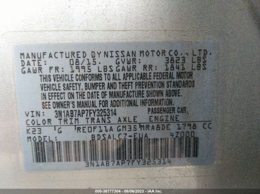 2015 NISSAN SENTRA S/SV/SR/SL - 3N1AB7AP7FY325314