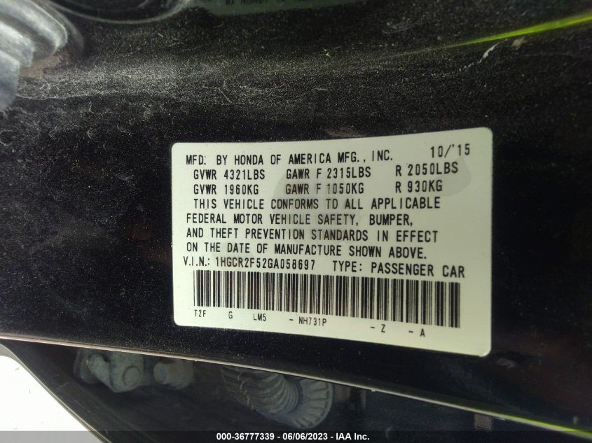 2016 HONDA ACCORD SEDAN SPORT - 1HGCR2F52GA058697