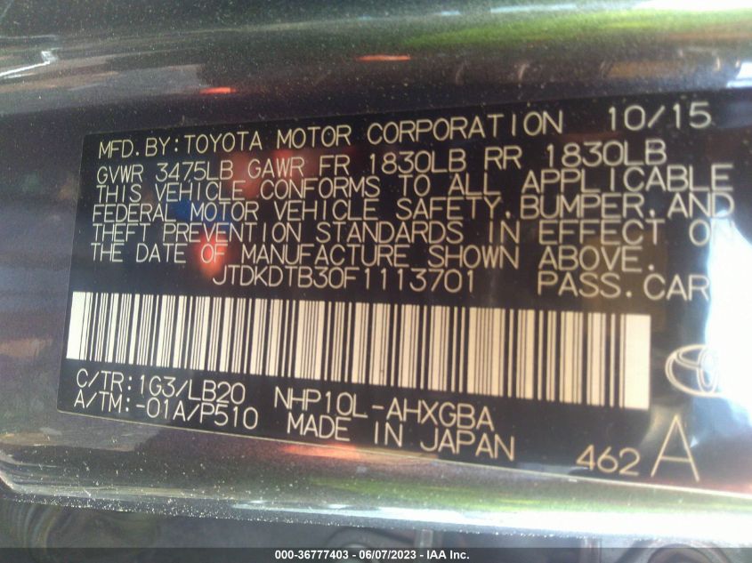 2015 TOYOTA PRIUS C ONE/TWO/THREE/FOUR - JTDKDTB30F1113701