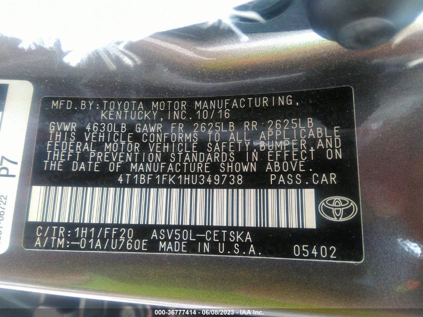 2017 TOYOTA CAMRY XLE/SE/LE/XSE - 4T1BF1FK1HU349738
