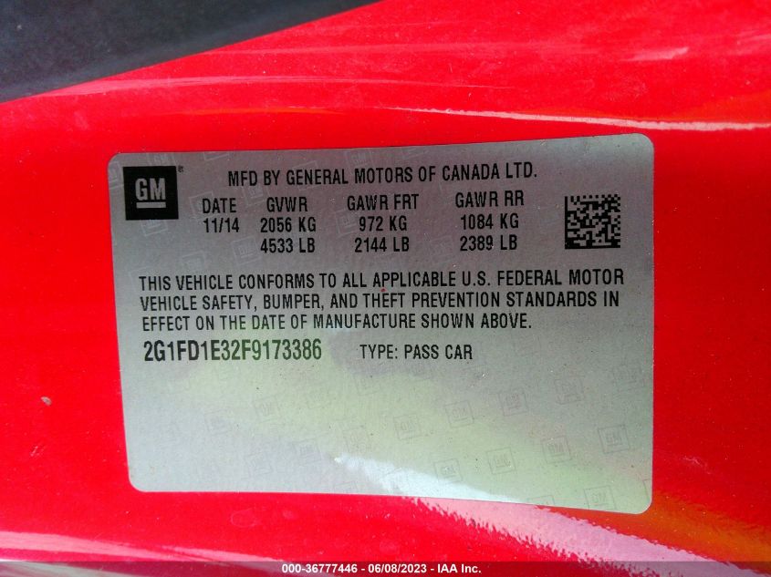 2015 CHEVROLET CAMARO LT - 2G1FD1E32F9173386