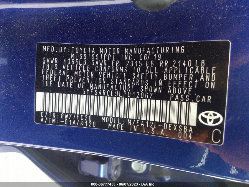 2020 TOYOTA COROLLA SE/NIGHTSHADE - 5YFS4RCE9LP012067