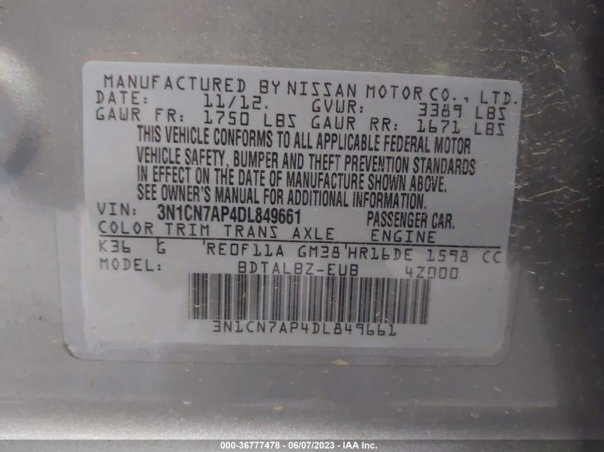 2013 NISSAN VERSA SV - 3N1CN7AP4DL849661