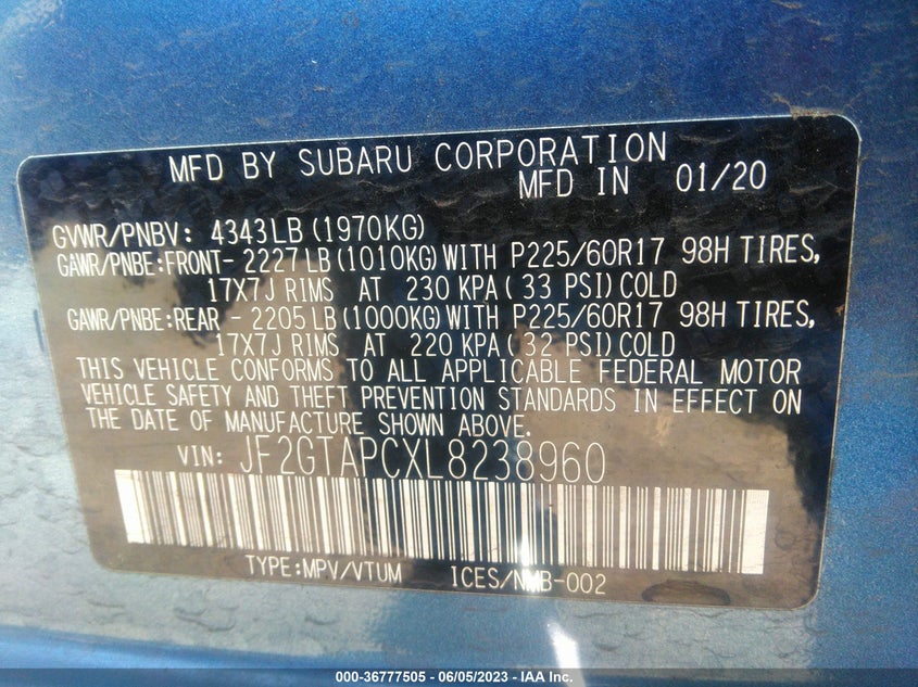 VIN JF2GTAPCXL8238960 2020 SUBARU CROSSTREK PREMIUM