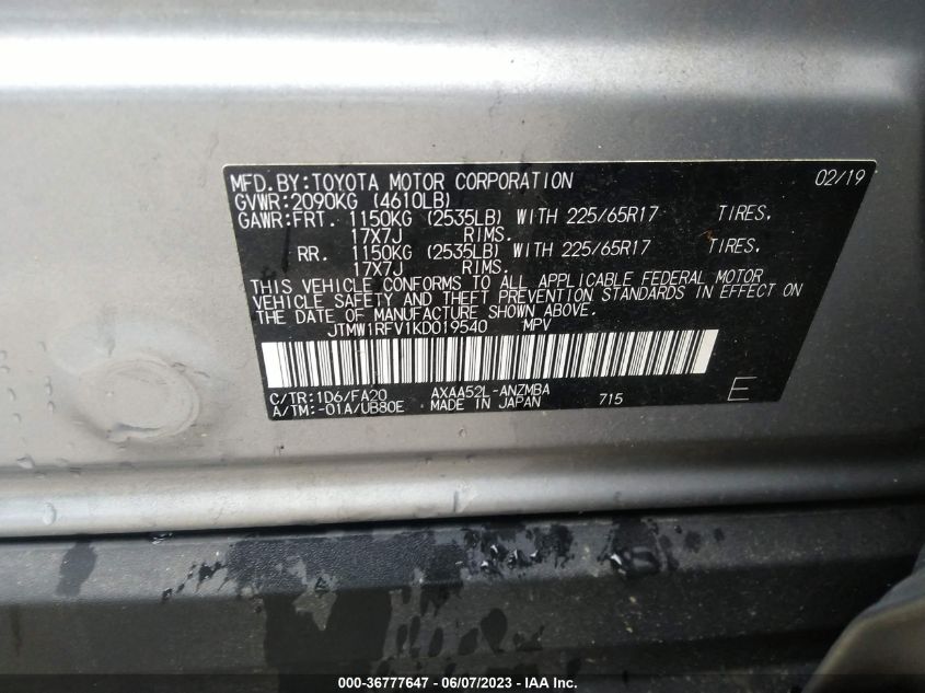 2019 TOYOTA RAV4 XLE - JTMW1RFV1KD019540