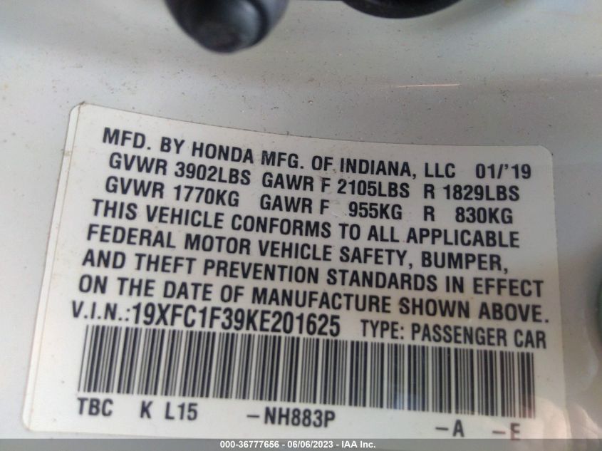 2019 HONDA CIVIC SEDAN EX - 19XFC1F39KE201625