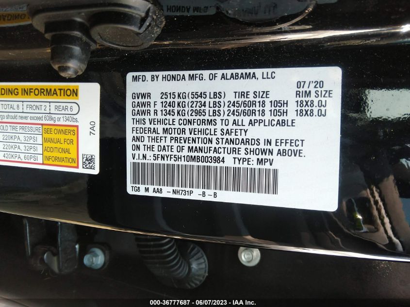 2021 HONDA PILOT LX - 5FNYF5H10MB003984