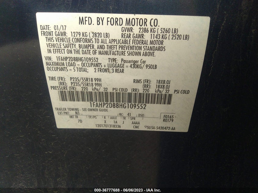 VIN 1FAHP2D88HG109552 2017 FORD TAURUS SE