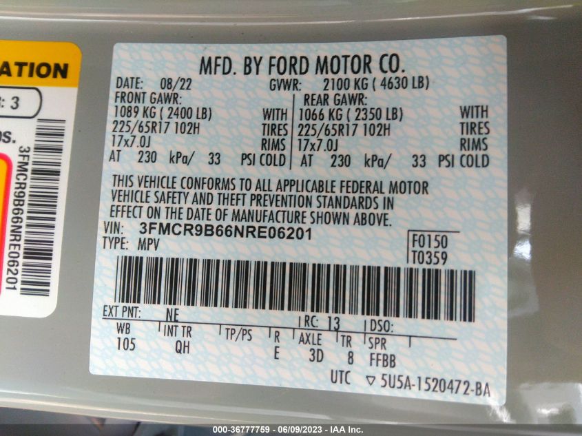 2022 FORD BRONCO SPORT BIG BEND - 3FMCR9B66NRE06201