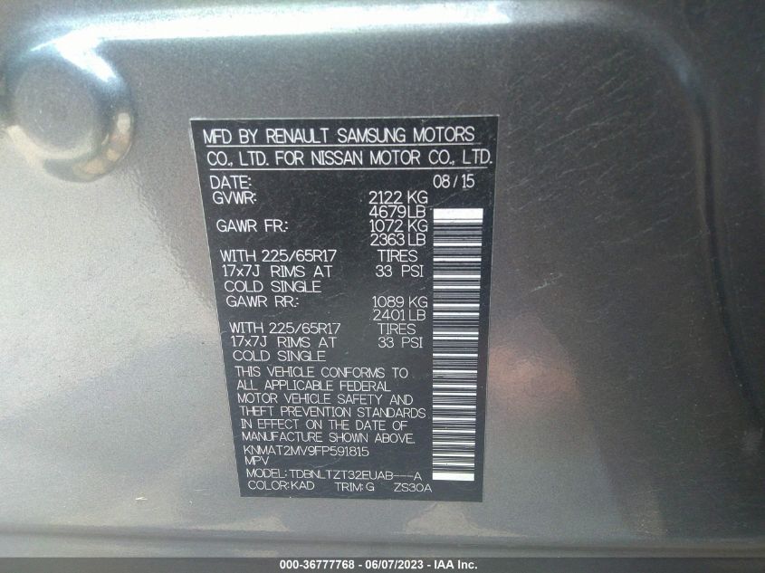 2015 NISSAN ROGUE SV - KNMAT2MV9FP591815