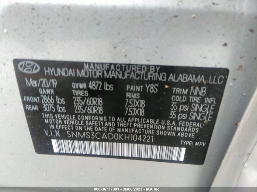 2019 HYUNDAI SANTA FE SEL PLUS - 5NMS3CAD0KH104221