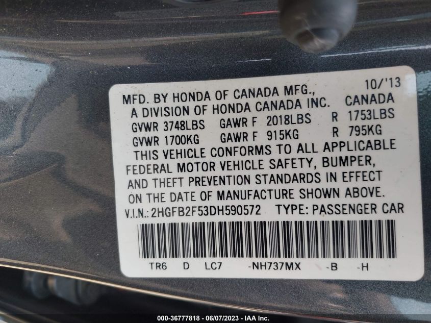 2013 HONDA CIVIC SDN LX - 2HGFB2F53DH590572