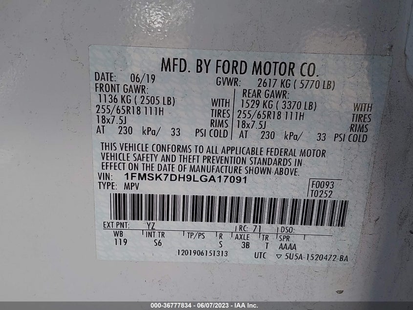 VIN 1FMSK7DH9LGA17091 2020 FORD EXPLORER XLT