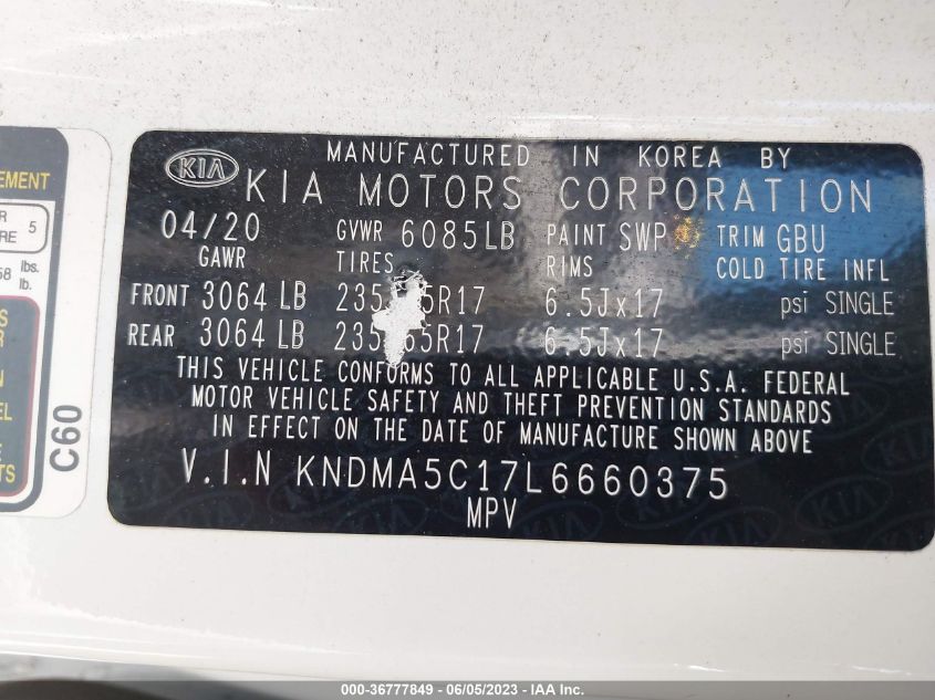 2020 KIA SEDONA L - KNDMA5C17L6660375