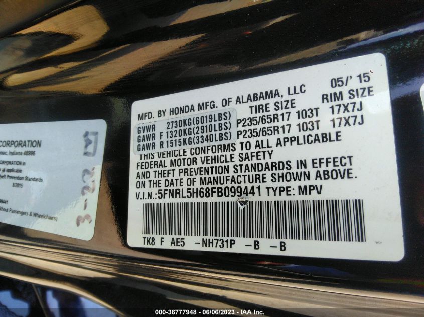 2015 HONDA ODYSSEY EX-L - 5FNRL5H68FB099441