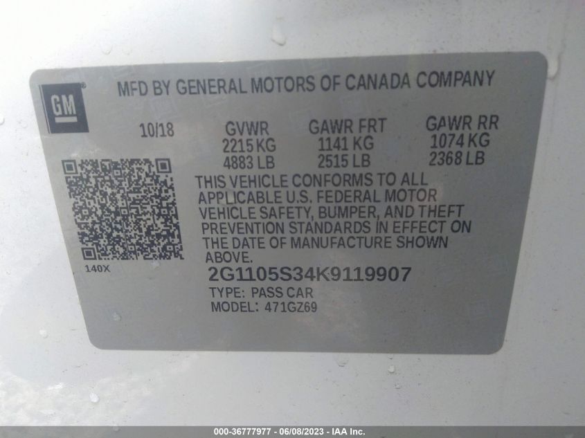2019 CHEVROLET IMPALA PREMIER - 2G1105S34K9119907