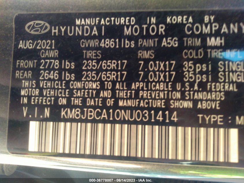 2022 HYUNDAI TUCSON HYBRID BLUE - KM8JBCA10NU031414
