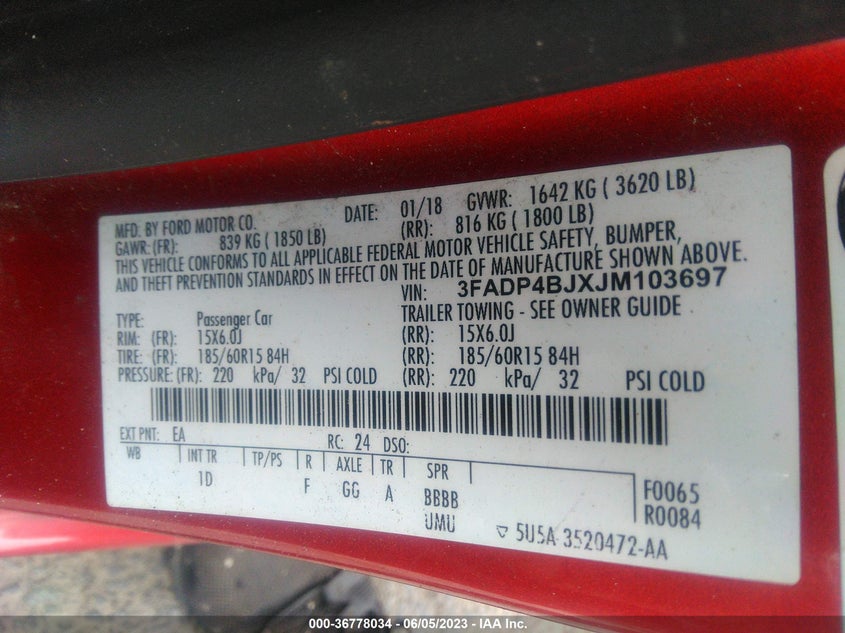 VIN 3FADP4BJXJM103697 2018 FORD FIESTA SE