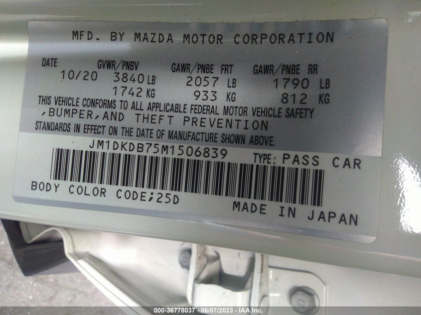 VIN JM1DKDB75M1506839 2021 MAZDA CX-3 SPORT