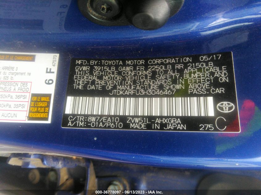 2017 TOYOTA PRIUS TWO/TWO ECO/THREE - JTDKARFU3H3046467