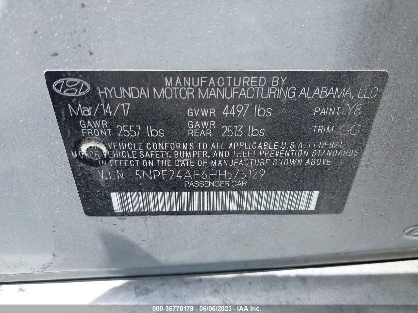 2017 HYUNDAI SONATA 2.4L - 5NPE24AF6HH575129