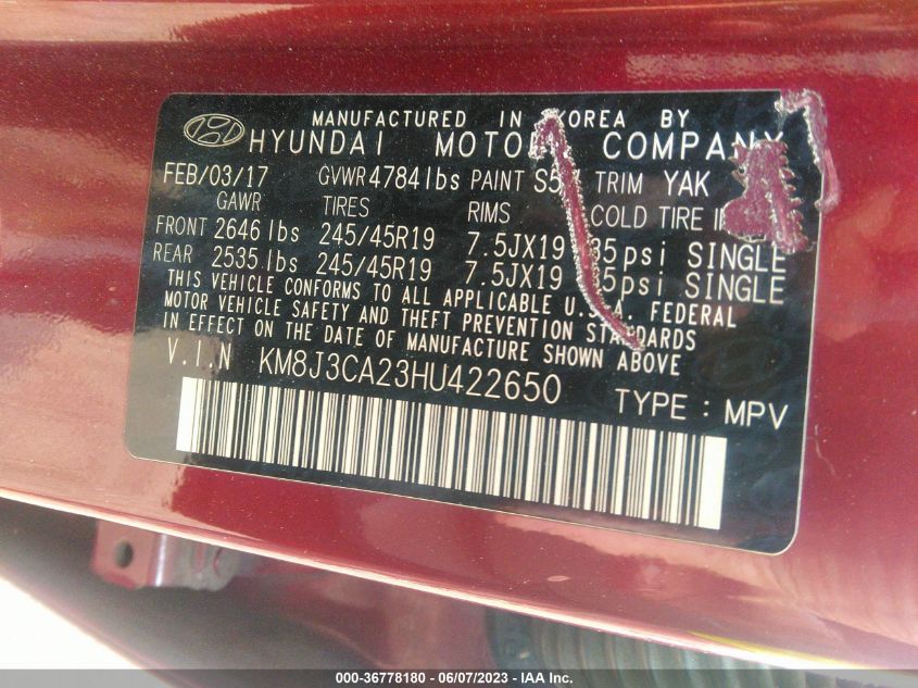 2017 HYUNDAI TUCSON LIMITED - KM8J3CA23HU422650