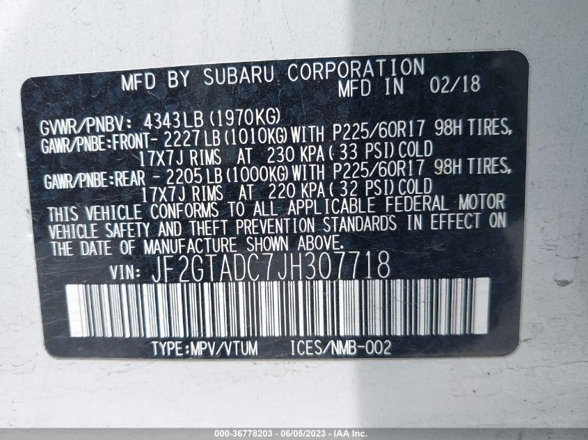 2018 SUBARU CROSSTREK PREMIUM - JF2GTADC7JH307718