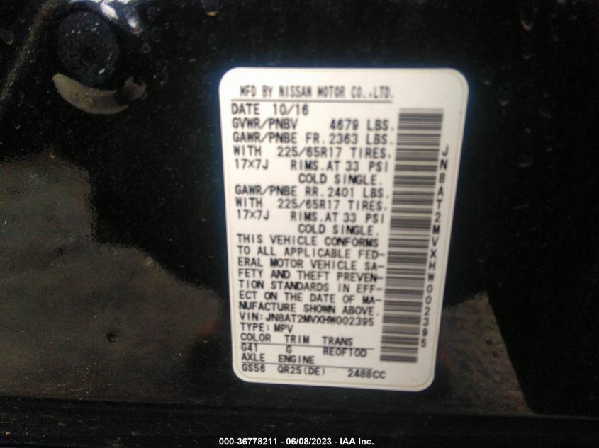 2017 NISSAN ROGUE S - JN8AT2MVXHW002395