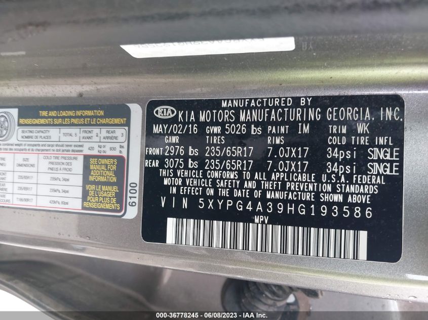 2017 KIA SORENTO L - 5XYPG4A39HG193586