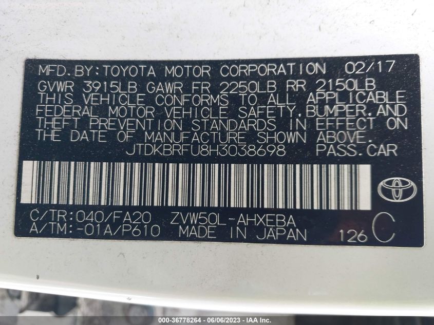 2017 TOYOTA PRIUS TWO/TWO ECO/THREE - JTDKBRFU8H3038698