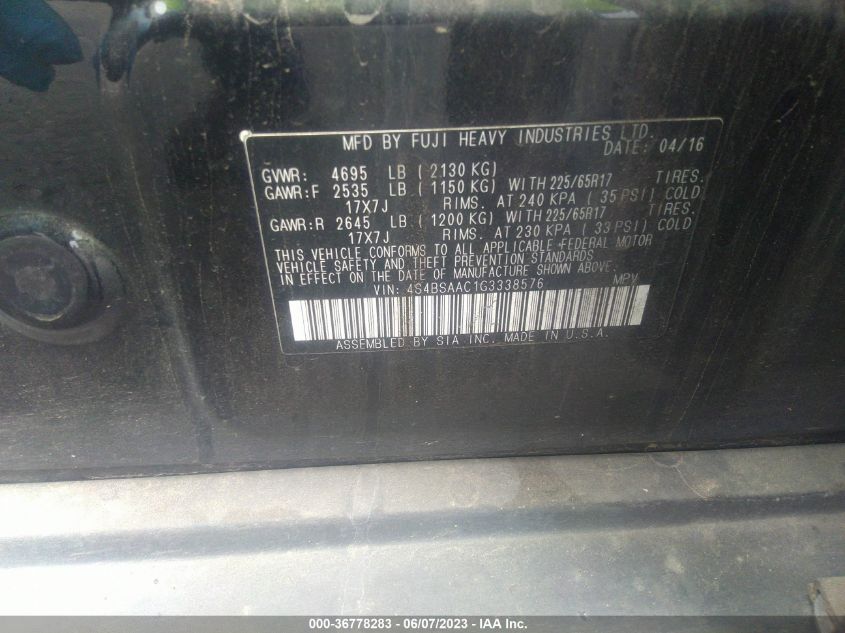 2016 SUBARU OUTBACK 2.5I - 4S4BSAAC1G3338576