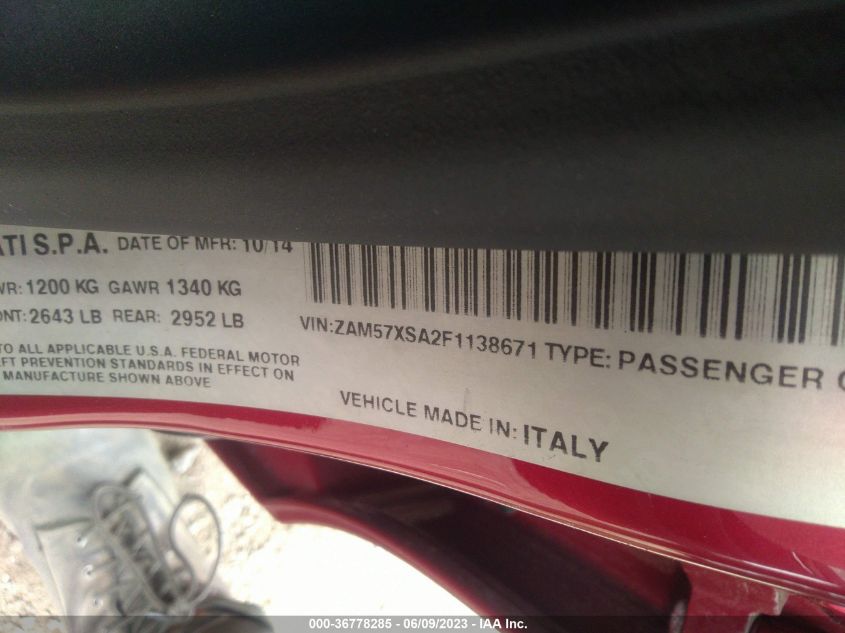 2015 MASERATI GHIBLI ZAM57XSA2F1138671