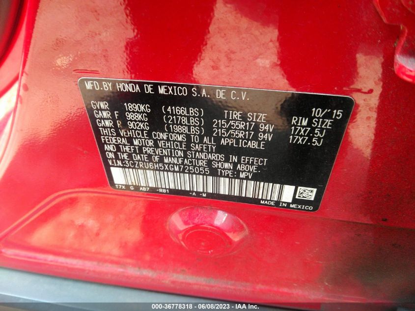 2016 HONDA HR-V EX - 3CZRU6H5XGM725055