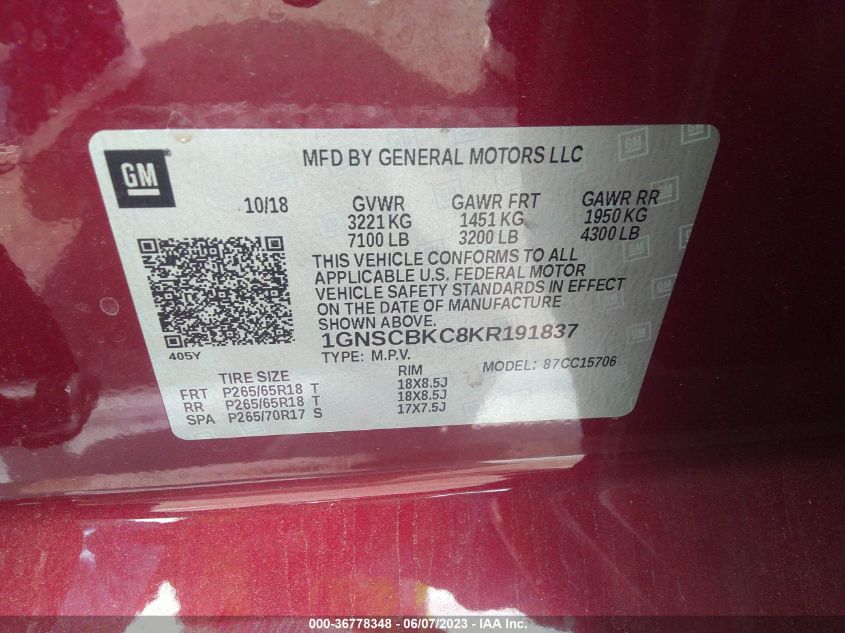 2019 CHEVROLET TAHOE LT - 1GNSCBKC8KR191837