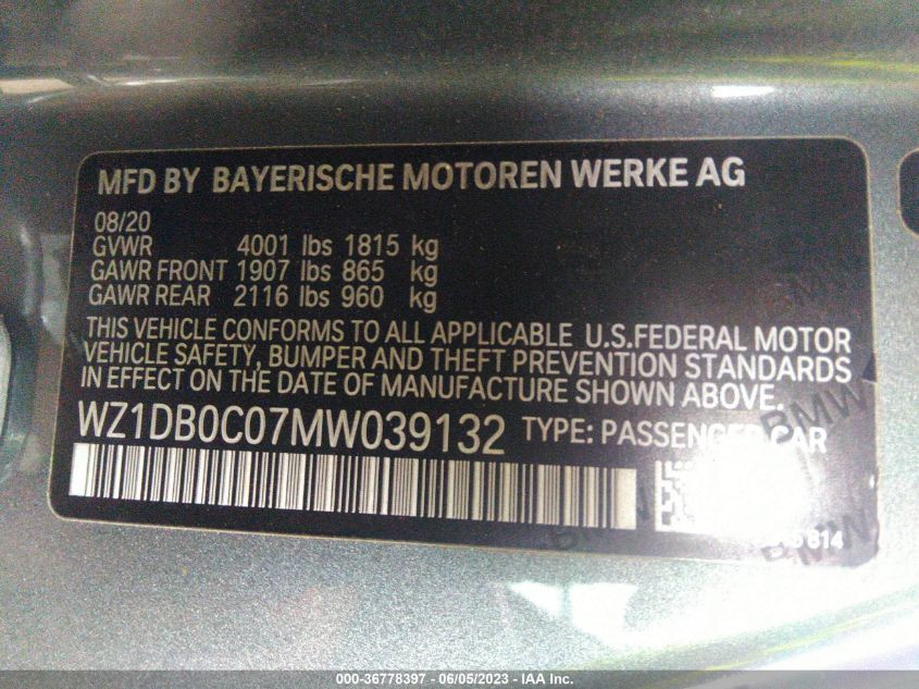 2021 TOYOTA GR SUPRA 3.0/3.0 PREMIUM WZ1DB0C07MW039132