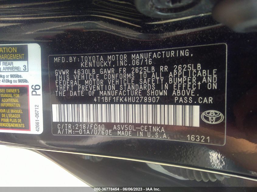 2017 TOYOTA CAMRY XLE/SE/LE/XSE - 4T1BF1FK4HU278907