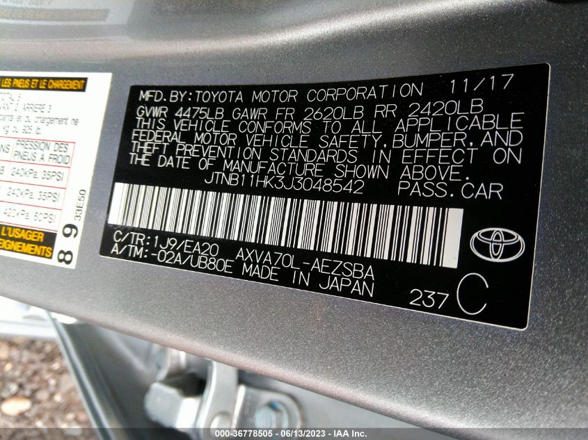 2018 TOYOTA CAMRY LE/SE/XLE/L - JTNB11HK3J3048542